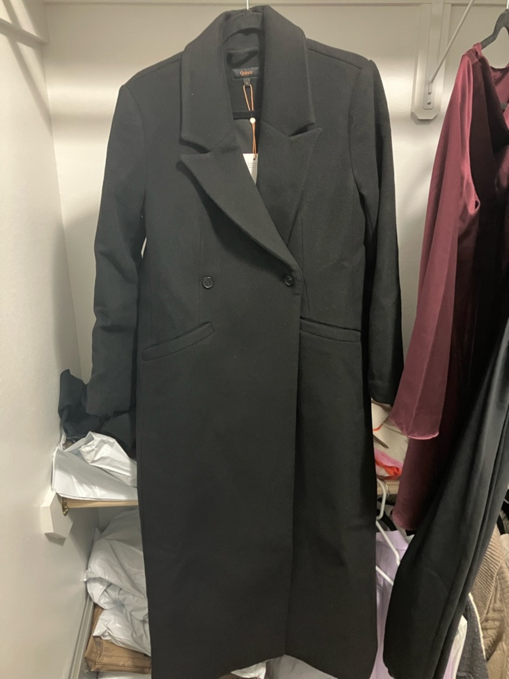 Quince Wool Cashmere Tailored Long Coat Black Large NWT